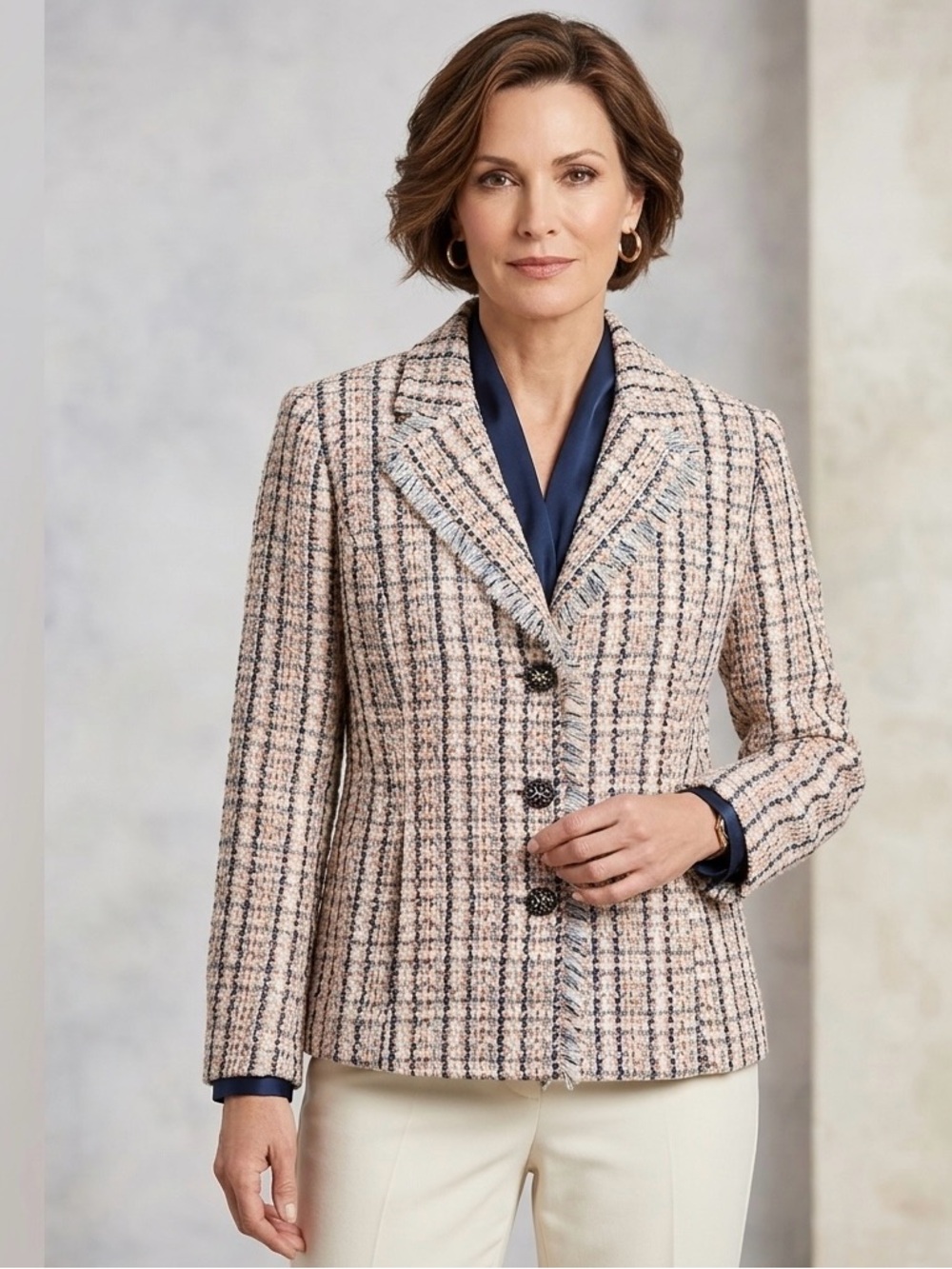 Draper & Damon Women’s Petite Large Tweed Blazer Fringe Detail